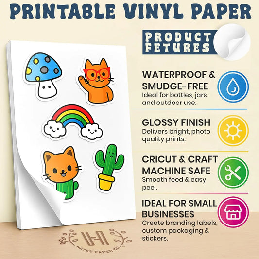 Printable Vinyl Sticker Paper for Inkjet Printer, Glossy Waterproof Self-Adhesive Sheets for Cricut, Labels & Water Bottle