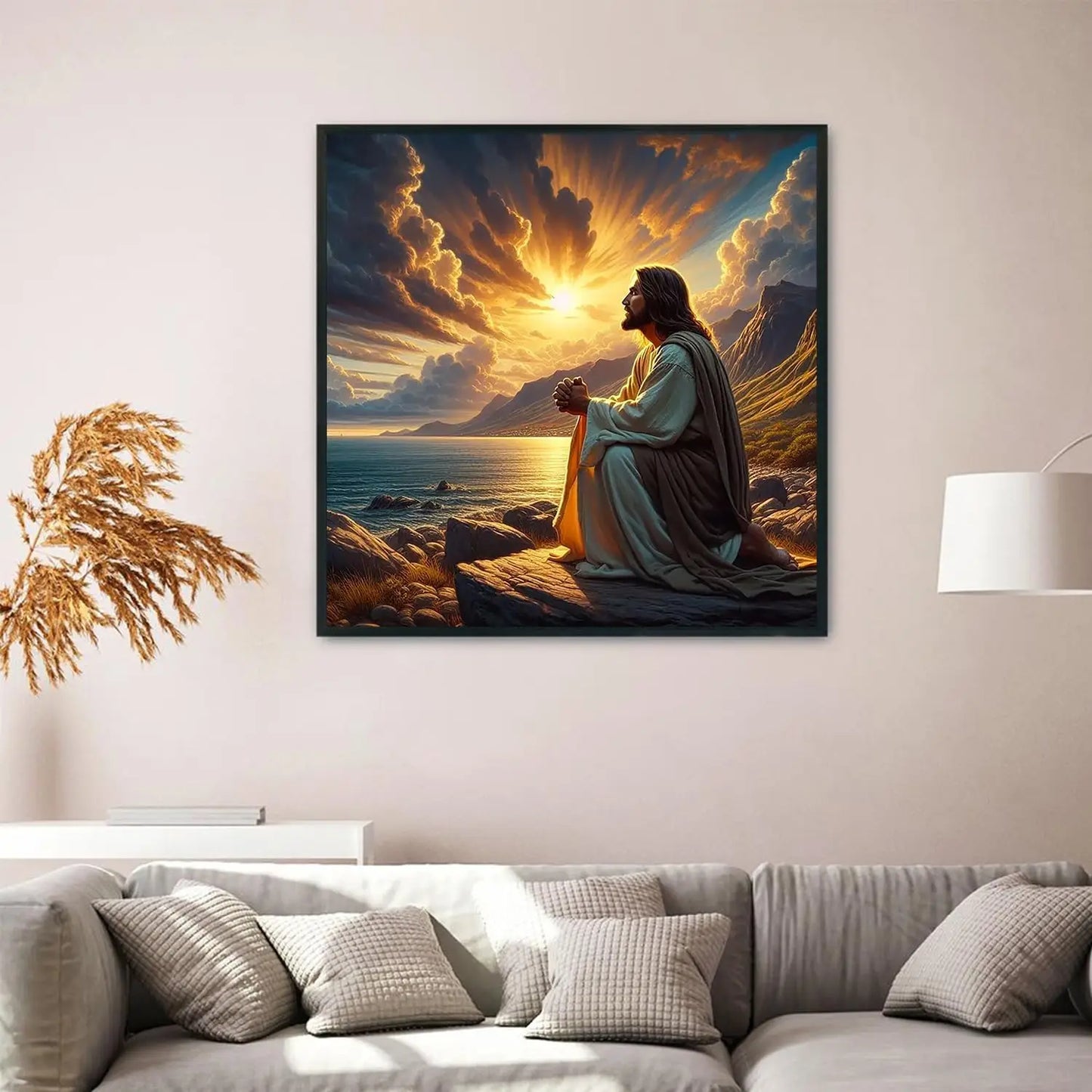Jesus Christ Prayer Diamond Art Kit for Adults, Sunset Landscape DIY Round Full Drill Painting Home Decor 13.8x13.8in