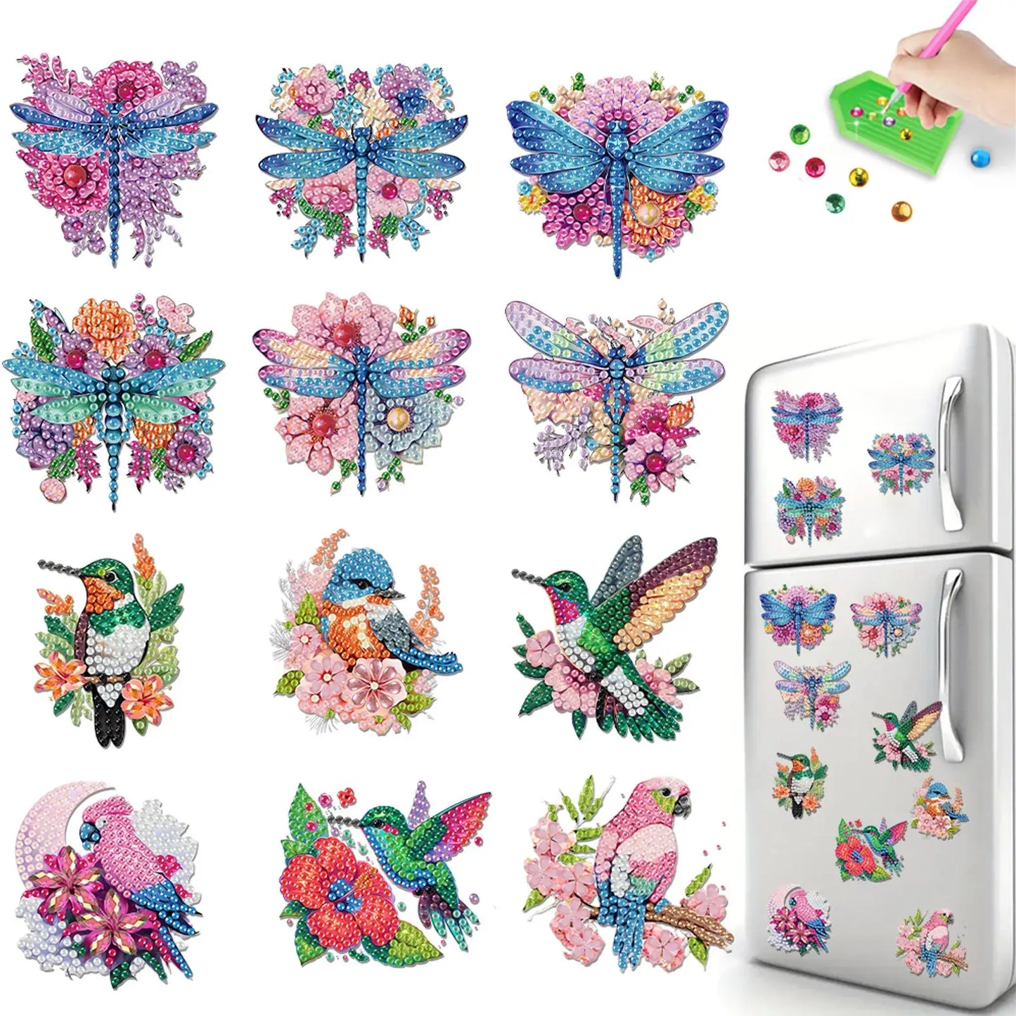 12PCS 2D Flat DIY Diamond Painting Refrigerator Magnet Diamond Art Kits Crystal Refrigerator Magnet for Home Kitchen Decoration