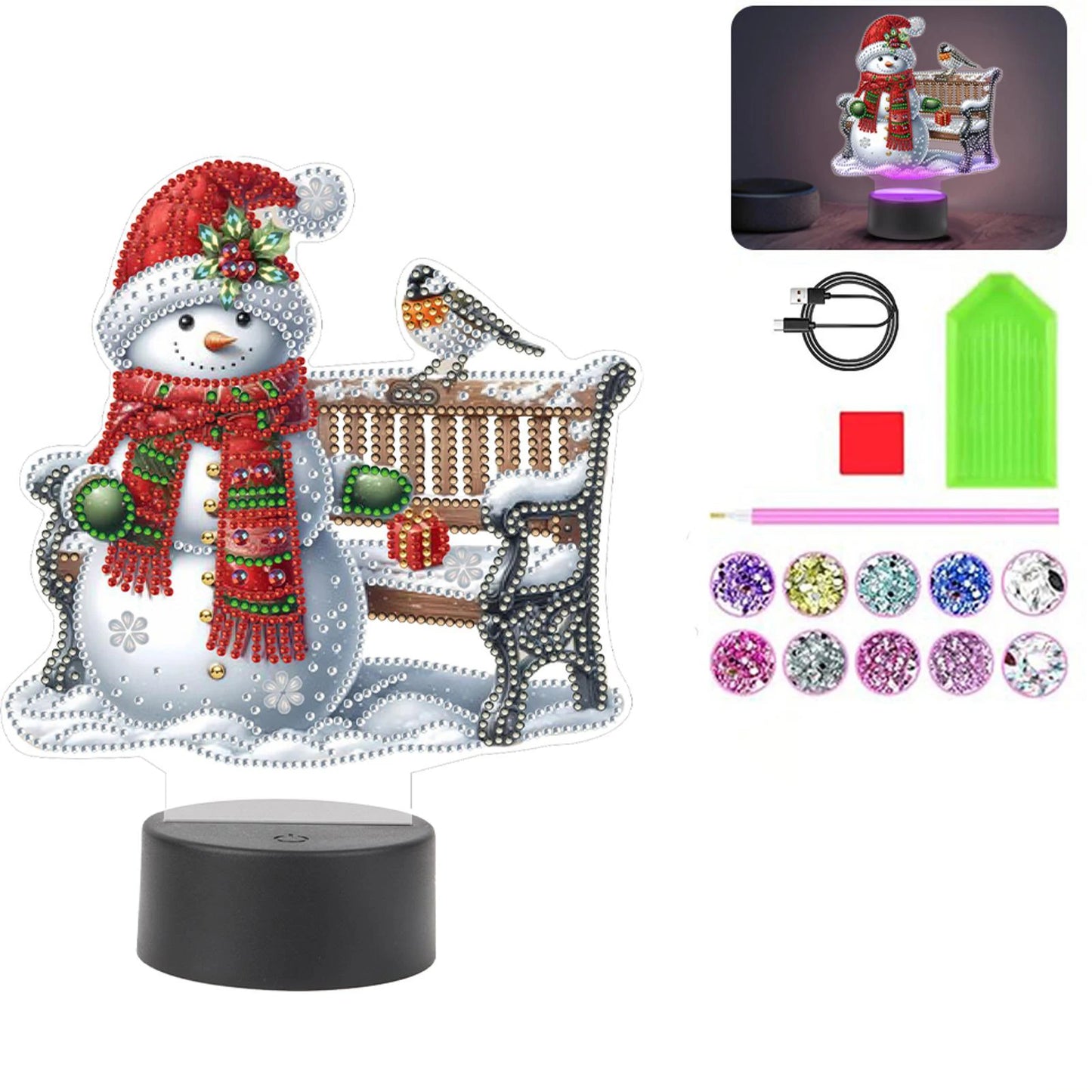 Acrylic Double Sided Christmas Snowman Diamond Painting Bedside Lamp