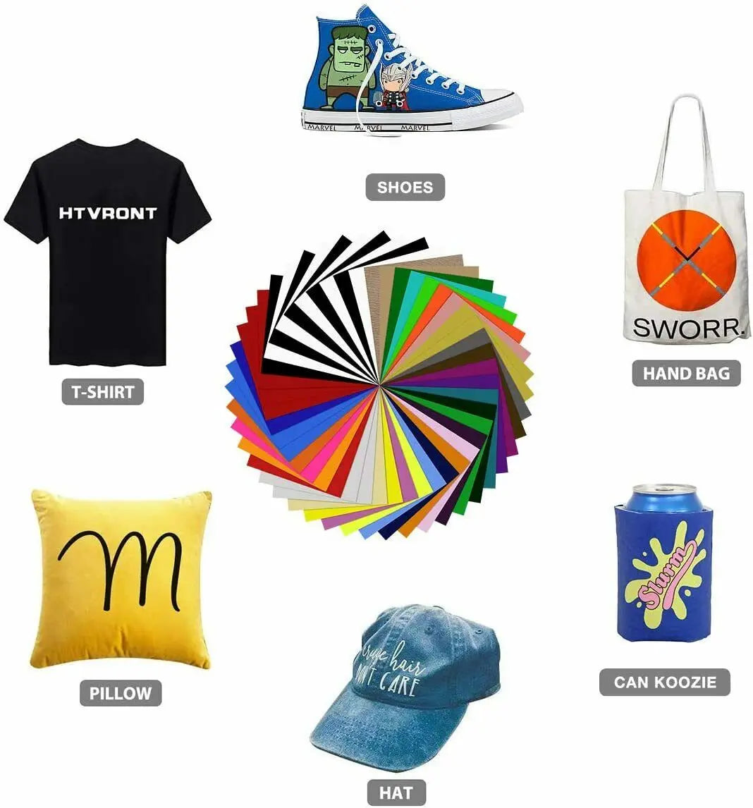 HTVRONT 47pcs 30cm*25cm PU Heat Transfer Vinyl Sheets Multi-color Iron on HTV Vinyl Films for Cricut Heat Press Cloth Textiles