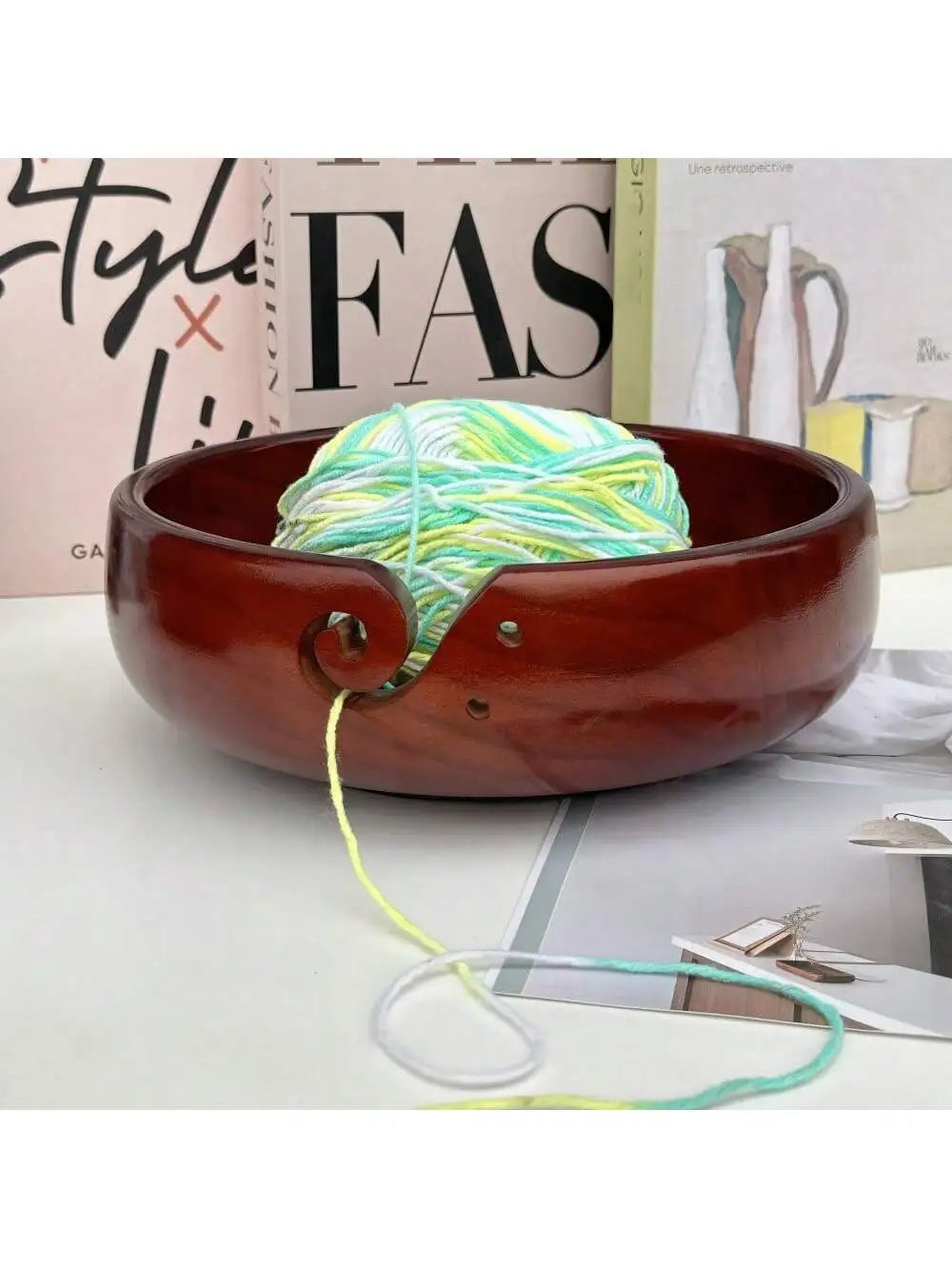 Handmade Wooden Yarn Bowl with Holes Large Knitting Yarn Storage Bowl DIY Crocheting Accessories Yarn Holder Dispenser