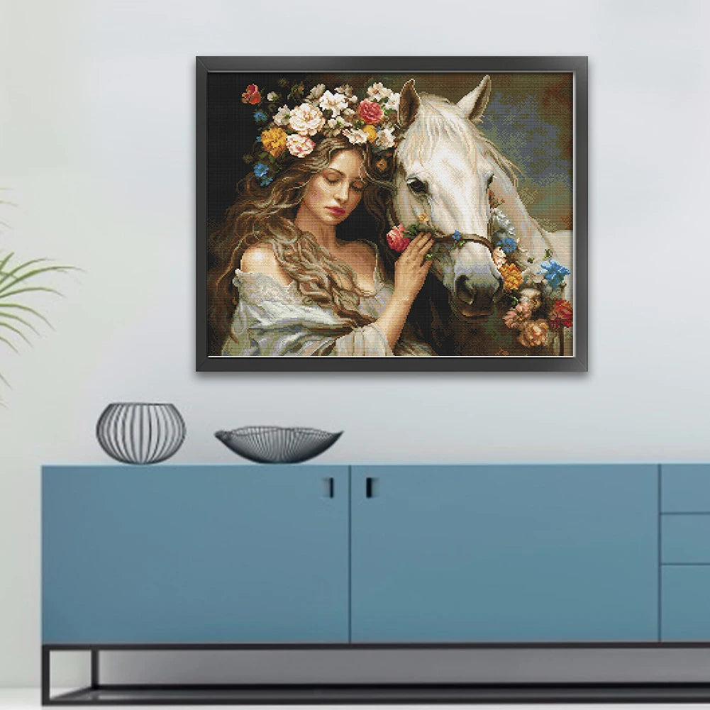Full Embroidery cotton Thread 11CT Printed Girl Horse Cross Stitch 74x61cm