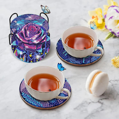 6Pcs DIY Diamond Painting Coasters Mandala Flowers 5D Full Drill Diamond Art Non Slip Coasters with Holder Ideal Christmas Gift