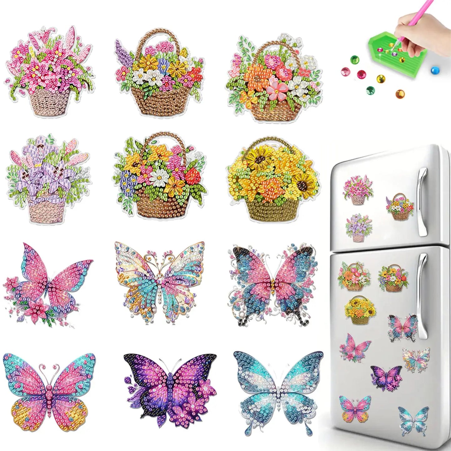12PCS 2D Flat DIY Diamond Painting Refrigerator Magnet Diamond Art Kits Crystal Refrigerator Magnet for Home Kitchen Decoration