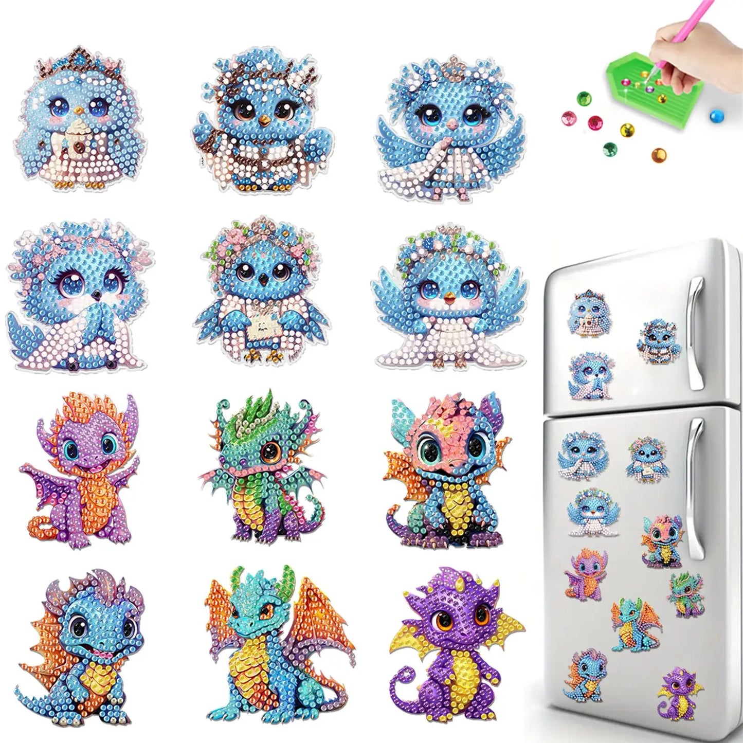 12PCS 2D Flat DIY Diamond Painting Refrigerator Magnet Diamond Art Kits Crystal Refrigerator Magnet for Home Kitchen Decoration