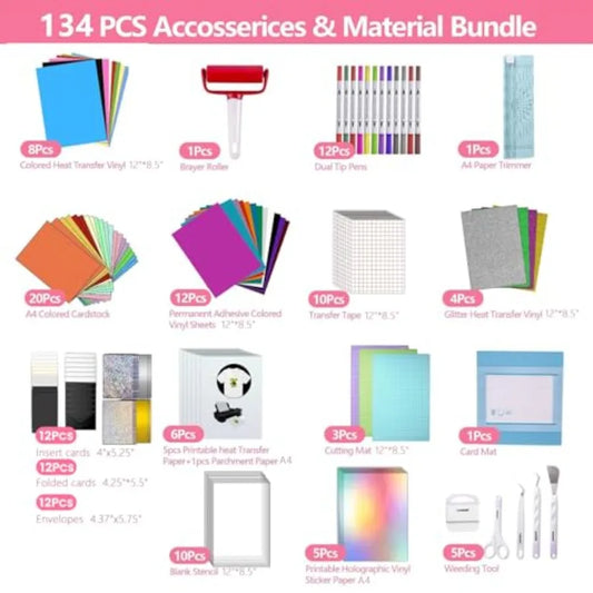 All-in-One Ultimate Accessories Bundle for Cricut Joy Xtra134pcs Starter Kit with Heat Transfer Vinyl Adhesive Vinyl Weeding To