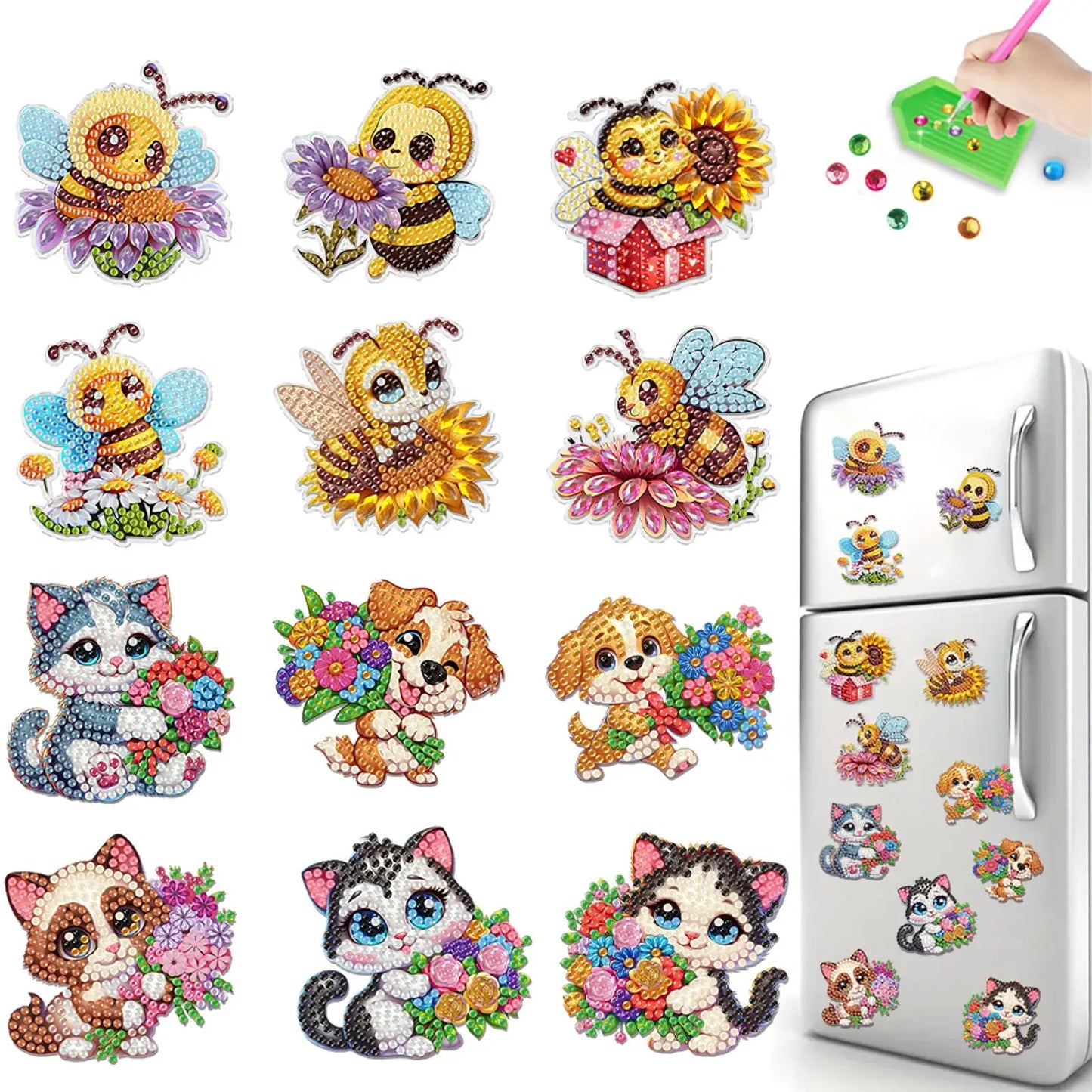 12PCS 2D Flat DIY Diamond Painting Refrigerator Magnet Diamond Art Kits Crystal Refrigerator Magnet for Home Kitchen Decoration