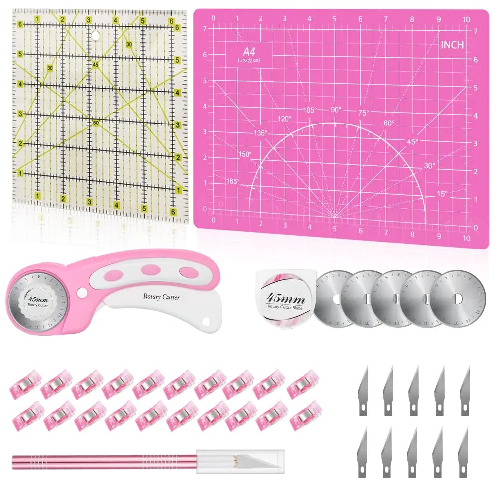 Rotary Cutter Set Pink- Quilting Kit incl. 45mm Fabric Cutter, 5 Replacement Blades, A1 Cutting Mat, Acrylic Quilting Ruler a