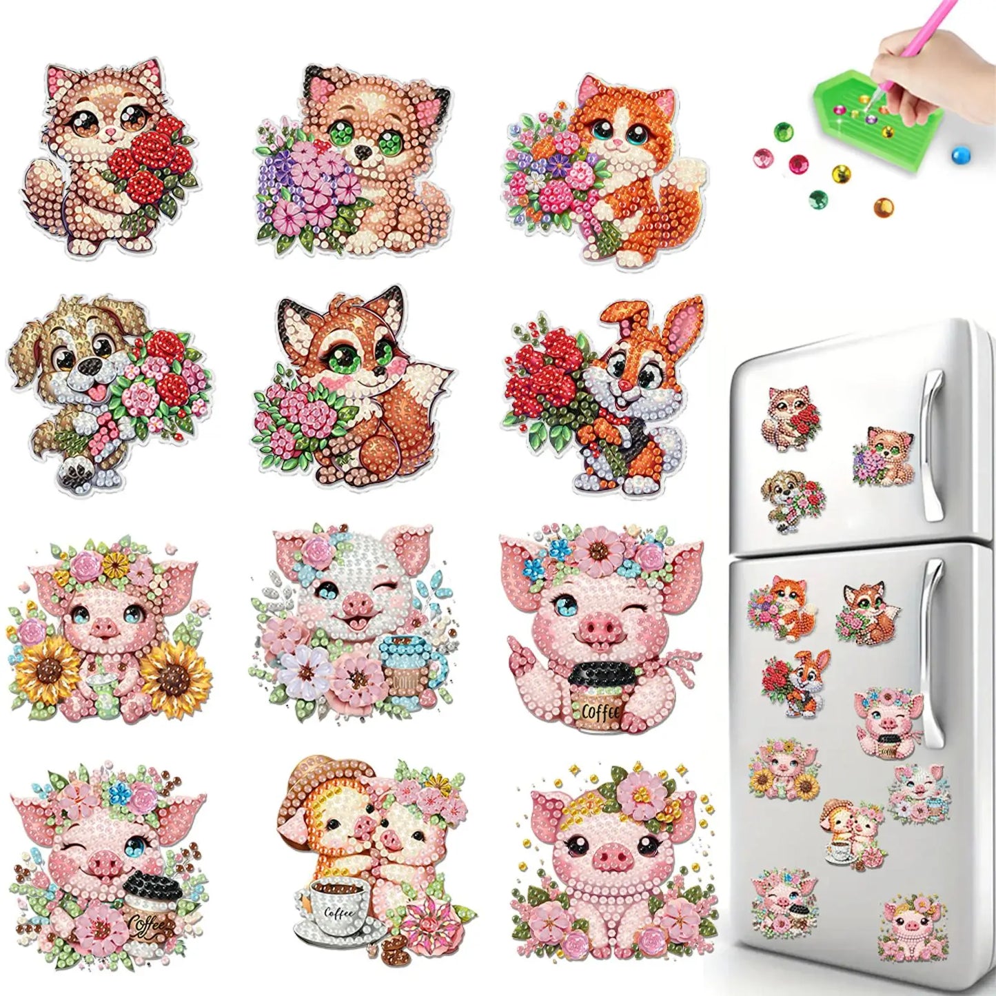 12PCS 2D Flat DIY Diamond Painting Refrigerator Magnet Diamond Art Kits Crystal Refrigerator Magnet for Home Kitchen Decoration