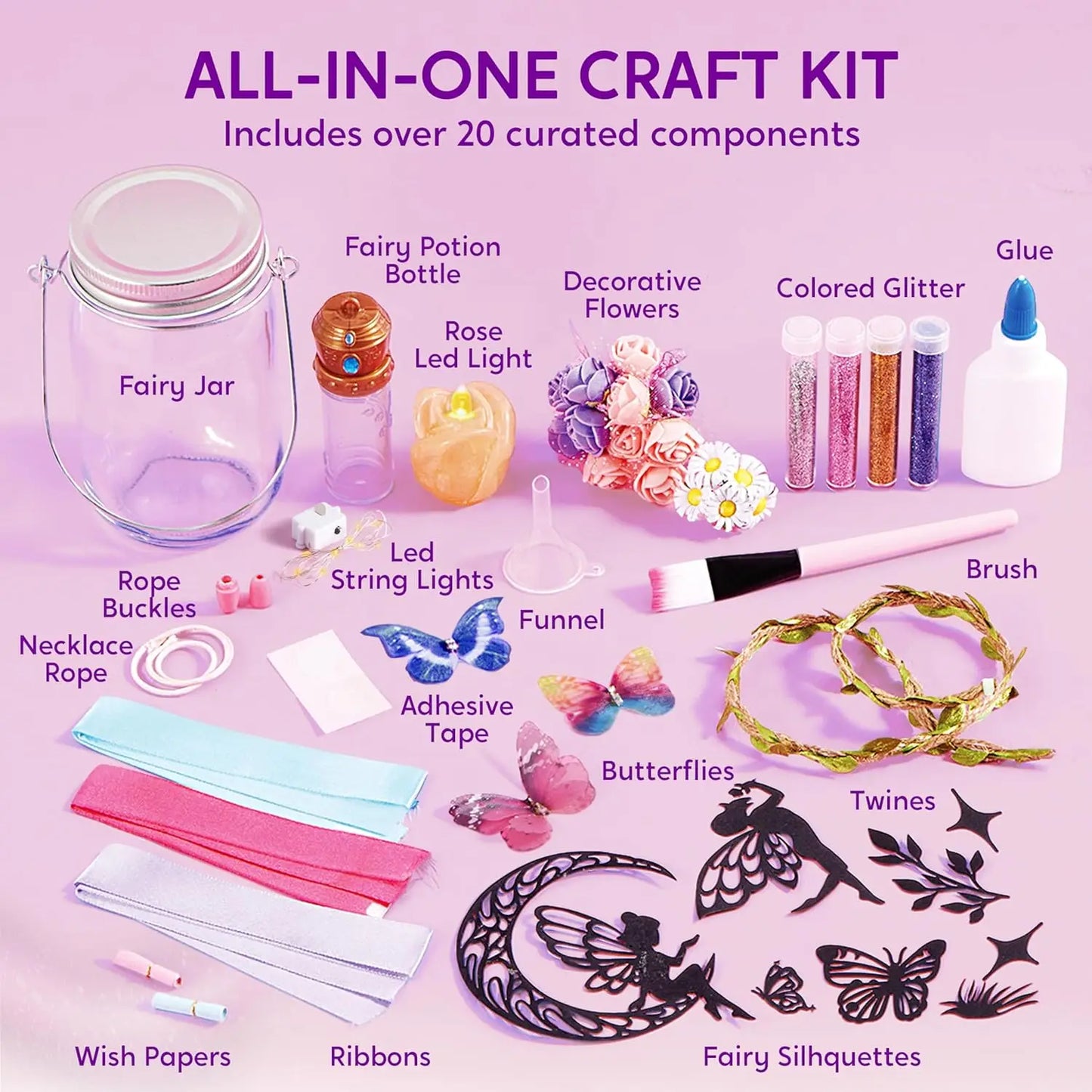 Joyfy DIY Fairy Lantern Craft Kit with Rose Lights and String Lights for Girls Age 8+ Gifts with 7 Color Fairy Potion Necklace