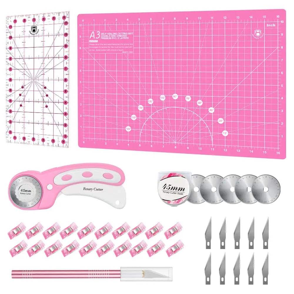 Rotary Cutter Set Pink- Quilting Kit incl. 45mm Fabric Cutter, 5 Replacement Blades, A1 Cutting Mat, Acrylic Quilting Ruler a