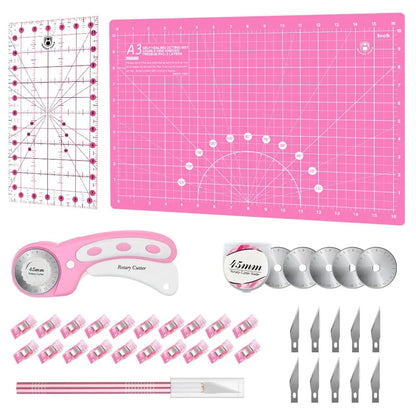 Rotary Cutter Set Pink- Quilting Kit incl. 45mm Fabric Cutter, 5 Replacement Blades, A1 Cutting Mat, Acrylic Quilting Ruler a