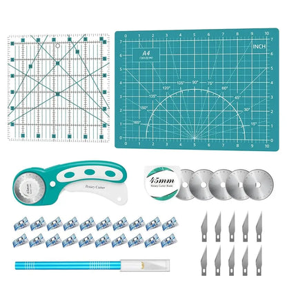 Rotary Cutter Set Pink- Quilting Kit incl. 45mm Fabric Cutter, 5 Replacement Blades, A1 Cutting Mat, Acrylic Quilting Ruler a