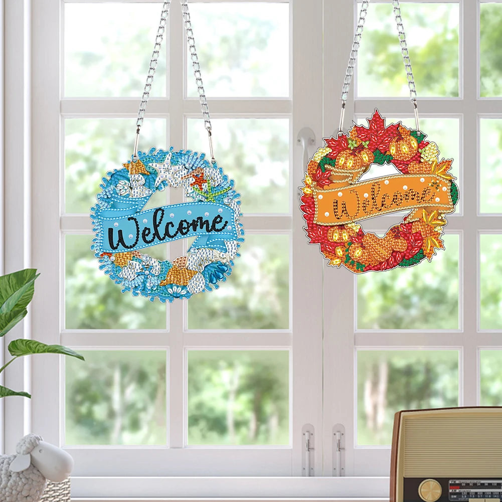2D Flat DIY Summer Autumn Wreath Diamond Art Pendant Window Hanging Art for Wall