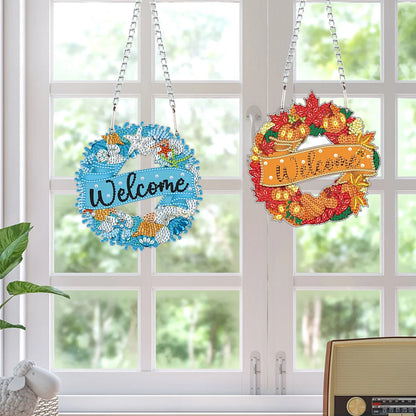 2D Flat DIY Summer Autumn Wreath Diamond Art Pendant Window Hanging Art for Wall