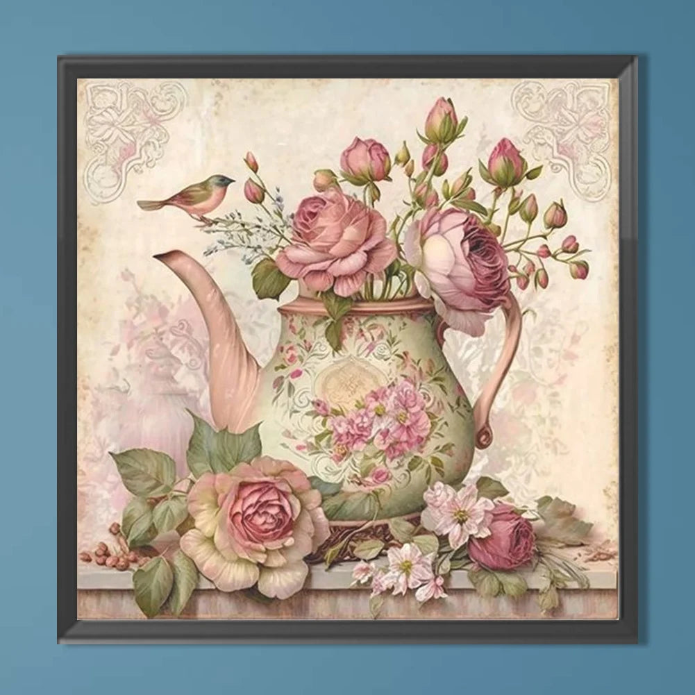 5D DIY Full Round Drill Diamond Painting Pink Flower Teapot Kit Decor 40x40cm