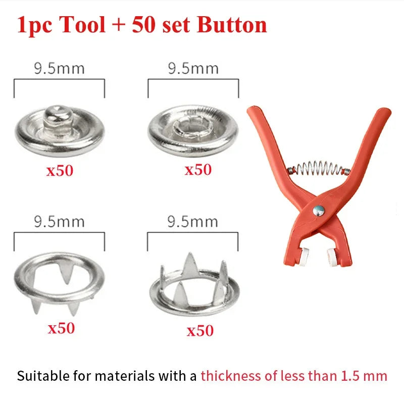 Plier Tool+50/100 Set Metal Sewing Buttons Hollow Solid Five-claw Buckle Metal Snap Buttons for Installing Clothes DIY Craft