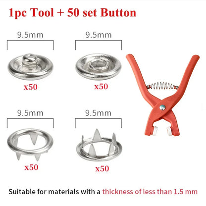 Plier Tool+50/100 Set Metal Sewing Buttons Hollow Solid Five-claw Buckle Metal Snap Buttons for Installing Clothes DIY Craft