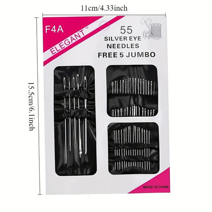 55-Piece Stainless Steel Hand Sewing Needles Set, Large Eye Needles for Embroidery & Sewing, Multi Sizes, White Packaging, Non-R