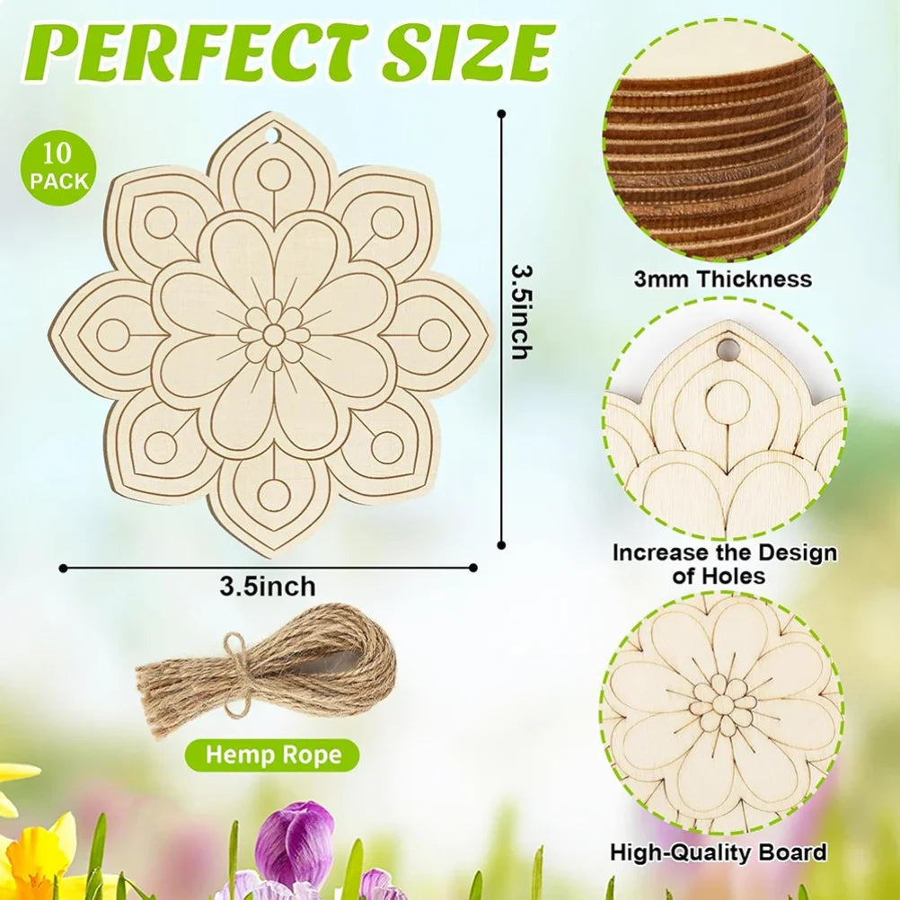 10pcs Wooden Flower  Hanging Ornaments for DIY Crafts