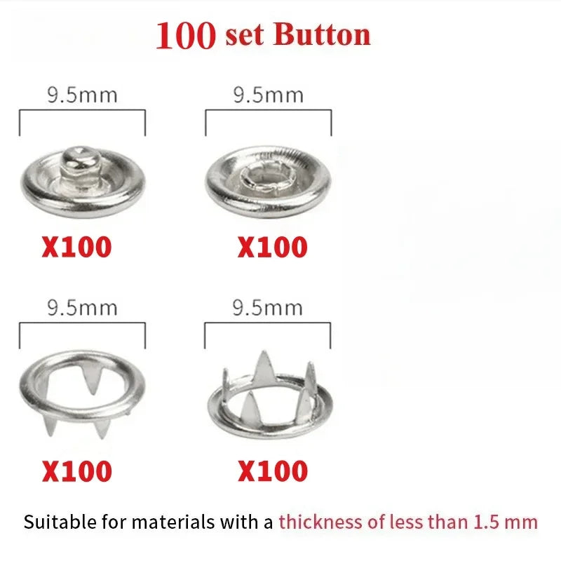 Plier Tool+50/100 Set Metal Sewing Buttons Hollow Solid Five-claw Buckle Metal Snap Buttons for Installing Clothes DIY Craft