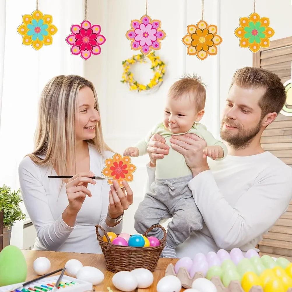 10pcs Wooden Flower  Hanging Ornaments for DIY Crafts