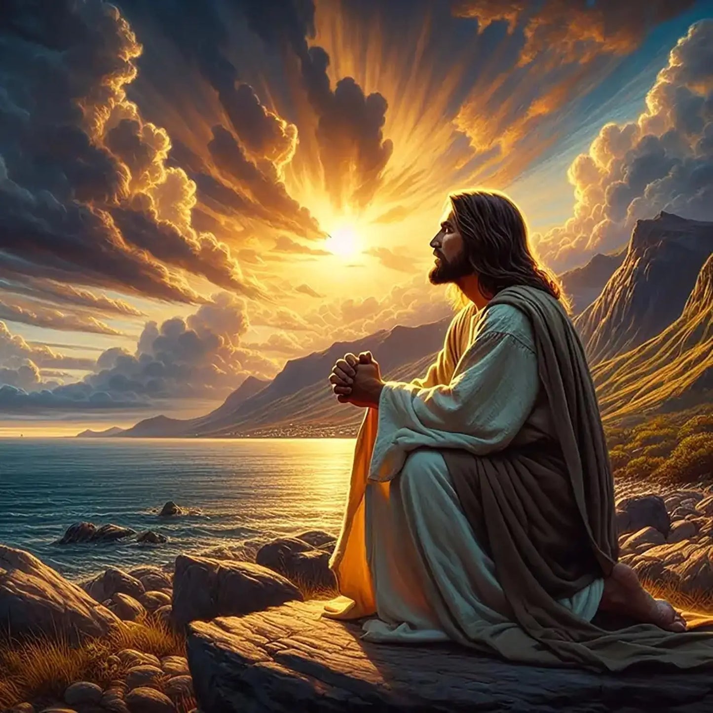 Jesus Christ Prayer Diamond Art Kit for Adults, Sunset Landscape DIY Round Full Drill Painting Home Decor 13.8x13.8in