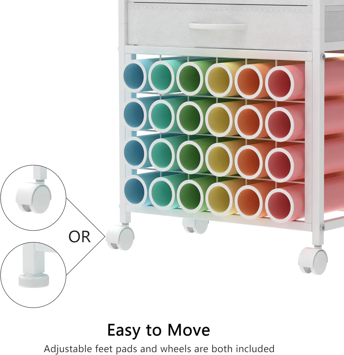 Craft Room Storage Cart with 24 Vinyl Roll Holders, Fabric Drawers, Tool Hooks for Cricut Machines - White Organizer Stand