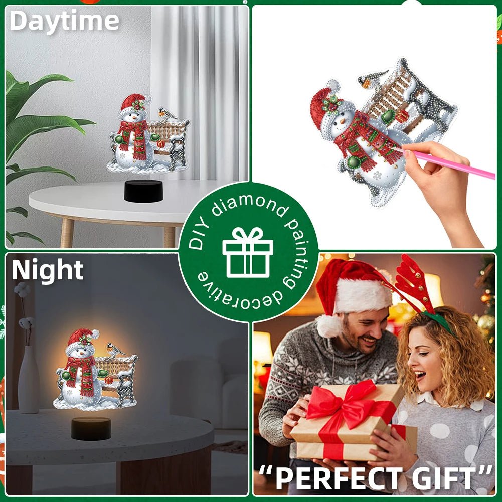 Acrylic Double Sided Christmas Snowman Diamond Painting Bedside Lamp