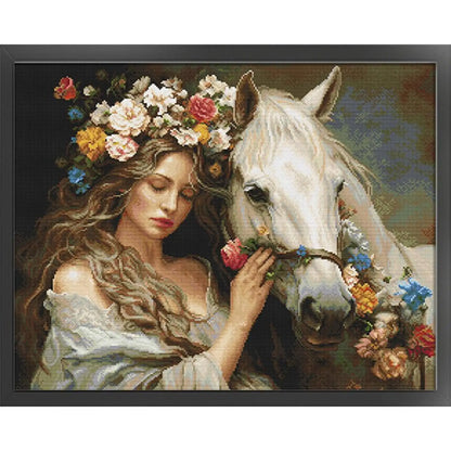 Full Embroidery cotton Thread 11CT Printed Girl Horse Cross Stitch 74x61cm