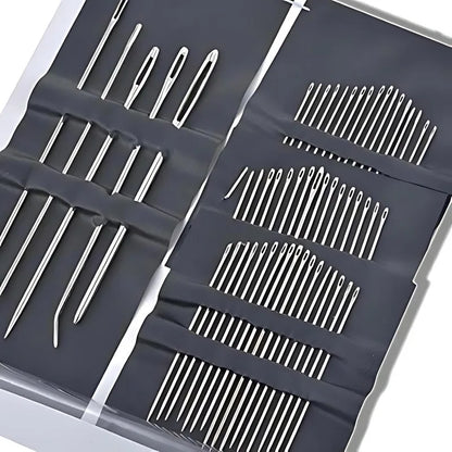 55-Piece Stainless Steel Hand Sewing Needles Set, Large Eye Needles for Embroidery & Sewing, Multi Sizes, White Packaging, Non-R