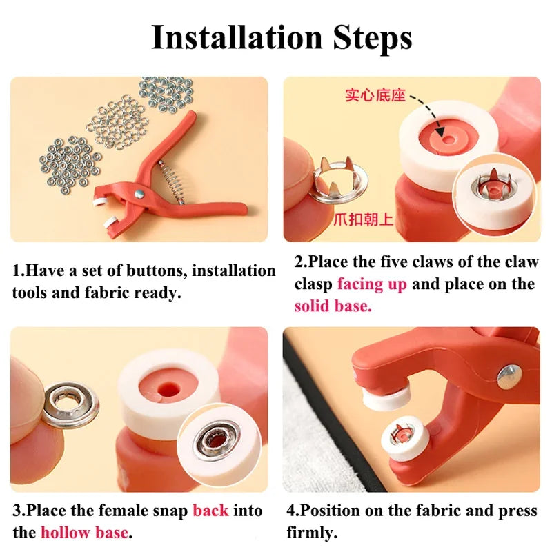 Plier Tool+50/100 Set Metal Sewing Buttons Hollow Solid Five-claw Buckle Metal Snap Buttons for Installing Clothes DIY Craft