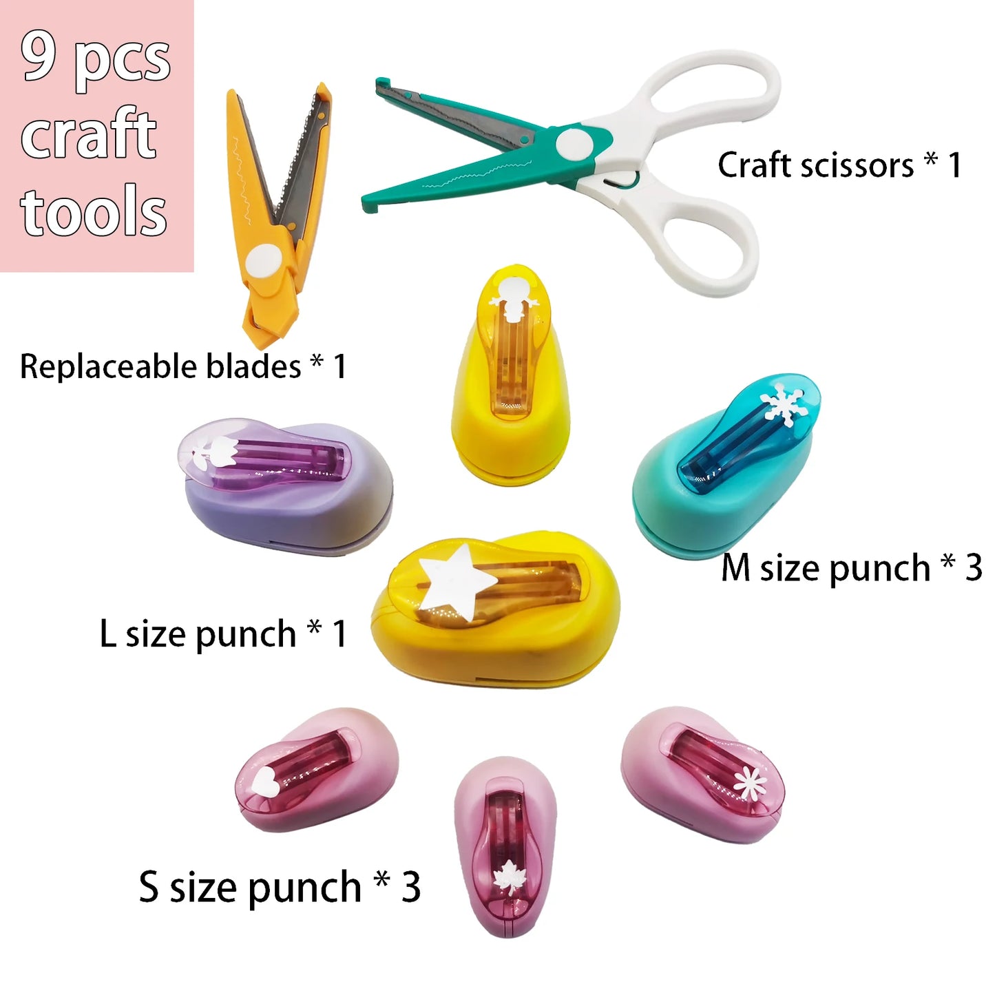9pcs Craft Hole Punch Shapes Set, Creative DIY Puncher Craft Set with Scissors for Scrapbooking, Paper Punches Tool