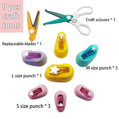 9pcs Craft Hole Punch Shapes Set, Creative DIY Puncher Craft Set with Scissors for Scrapbooking, Paper Punches Tool