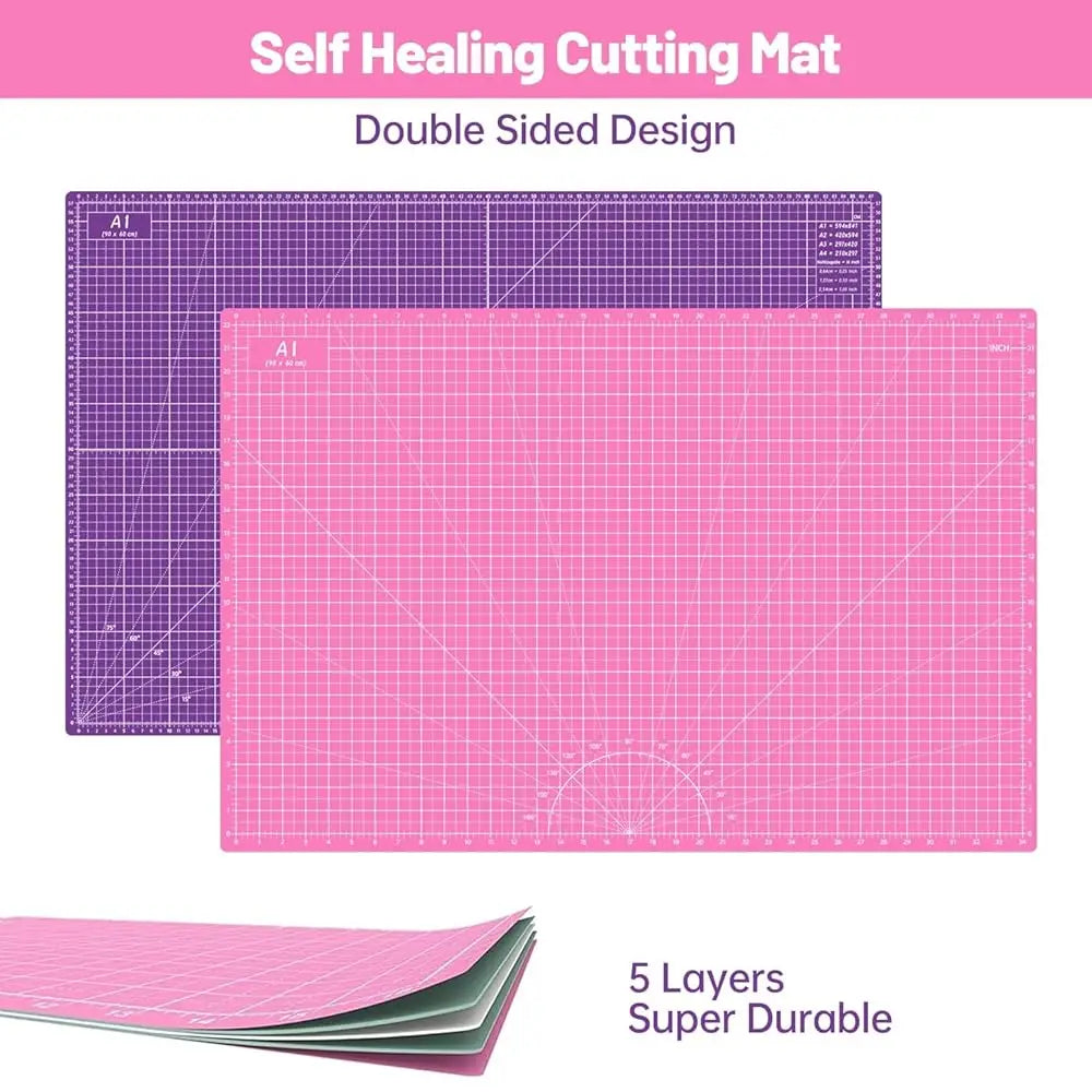 Rotary Cutter Set Pink- Quilting Kit incl. 45mm Fabric Cutter, 5 Replacement Blades, A1 Cutting Mat, Acrylic Quilting Ruler a