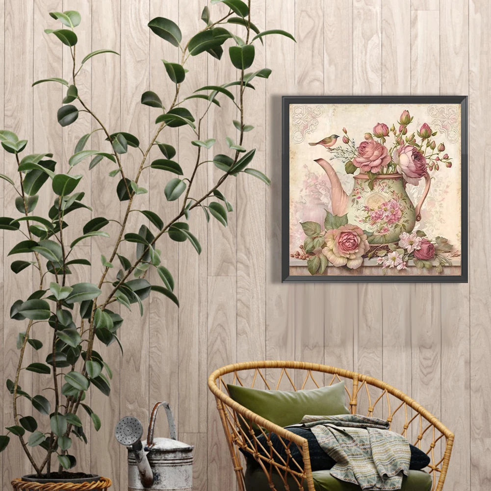 5D DIY Full Round Drill Diamond Painting Pink Flower Teapot Kit Decor 40x40cm