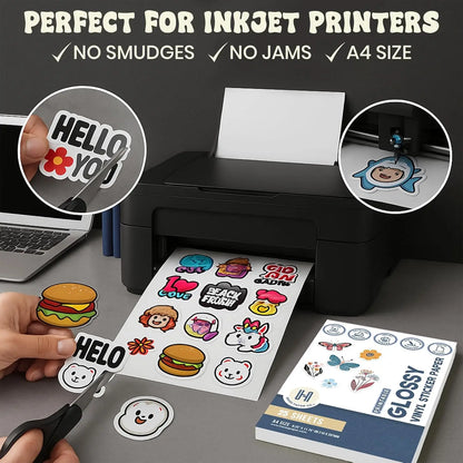 Printable Vinyl Sticker Paper for Inkjet Printer, Glossy Waterproof Self-Adhesive Sheets for Cricut, Labels & Water Bottle