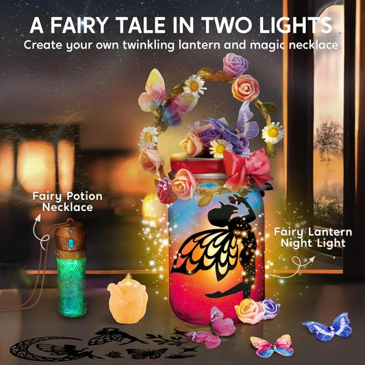 Joyfy DIY Fairy Lantern Craft Kit with Rose Lights and String Lights for Girls Age 8+ Gifts with 7 Color Fairy Potion Necklace