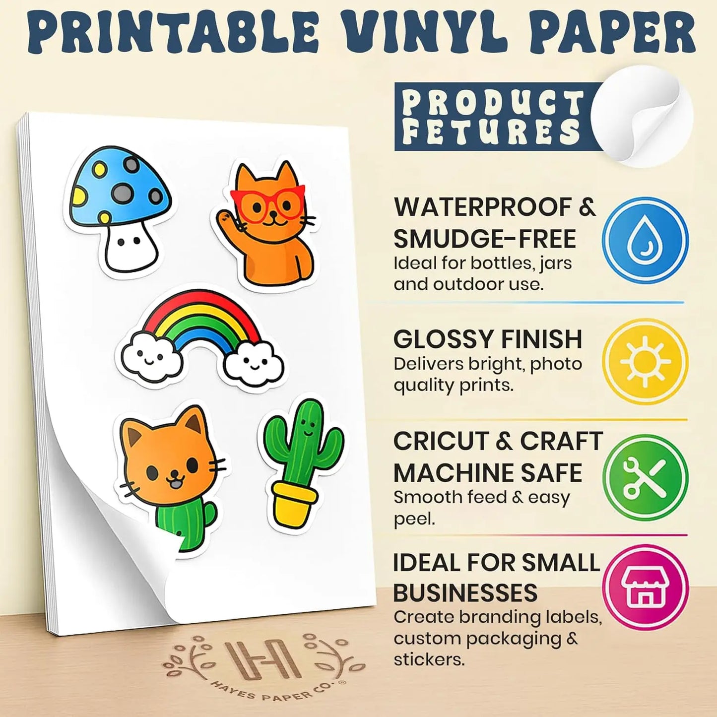 Printable Vinyl Sticker Paper for Inkjet Printer, Glossy Waterproof Self-Adhesive Sheets for Cricut, Labels & Water Bottle