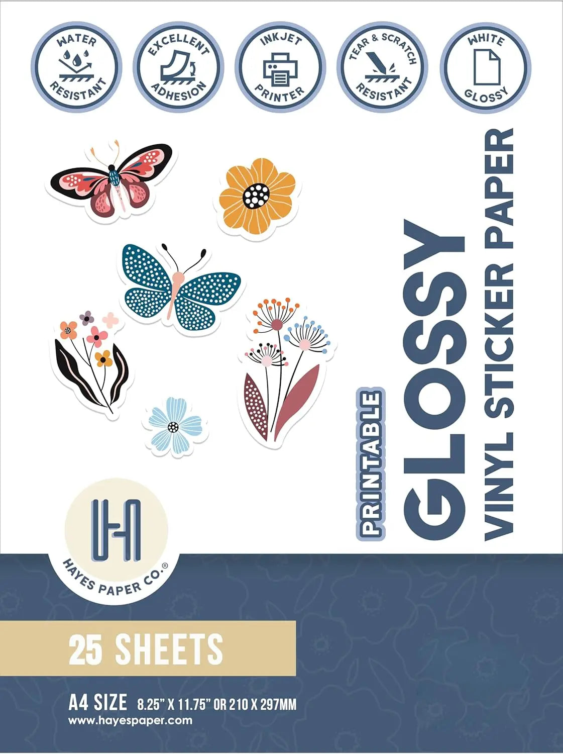 Printable Vinyl Sticker Paper for Inkjet Printer, Glossy Waterproof Self-Adhesive Sheets for Cricut, Labels & Water Bottle