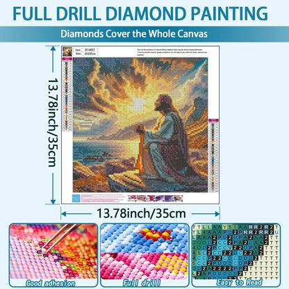 Jesus Christ Prayer Diamond Art Kit for Adults, Sunset Landscape DIY Round Full Drill Painting Home Decor 13.8x13.8in