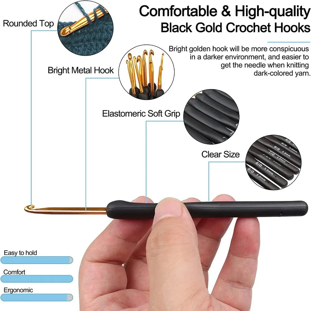 8PCS Black Crochet Hooks Set  for Arthritic Hands,Ergonomic Crochet Hook Soft Crochet Needle,2.5-6.0mm Crochet Kit for Beginners