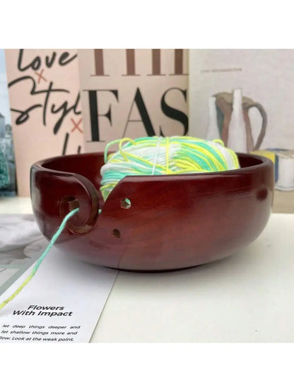 Handmade Wooden Yarn Bowl with Holes Large Knitting Yarn Storage Bowl DIY Crocheting Accessories Yarn Holder Dispenser