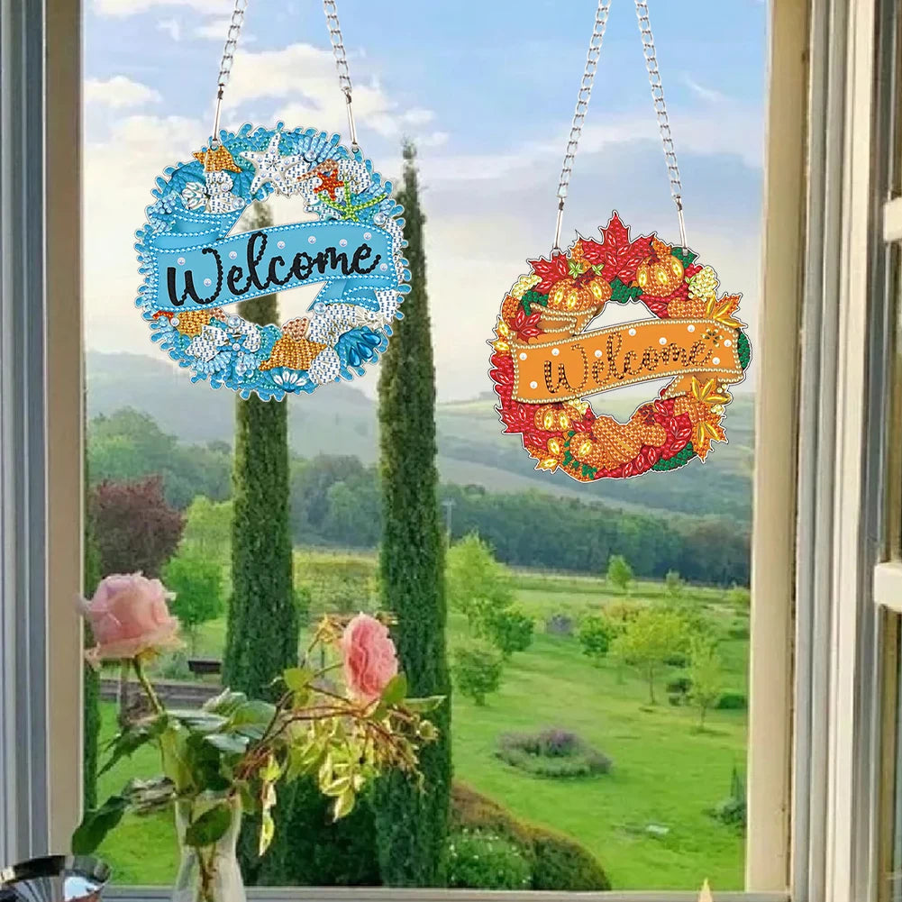 2D Flat DIY Summer Autumn Wreath Diamond Art Pendant Window Hanging Art for Wall