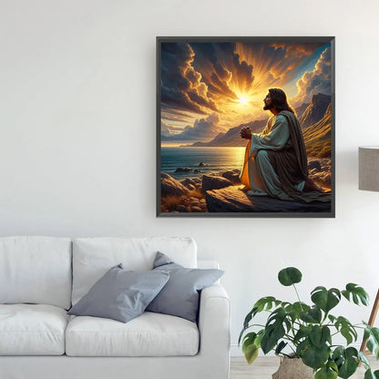 Jesus Christ Prayer Diamond Art Kit for Adults, Sunset Landscape DIY Round Full Drill Painting Home Decor 13.8x13.8in