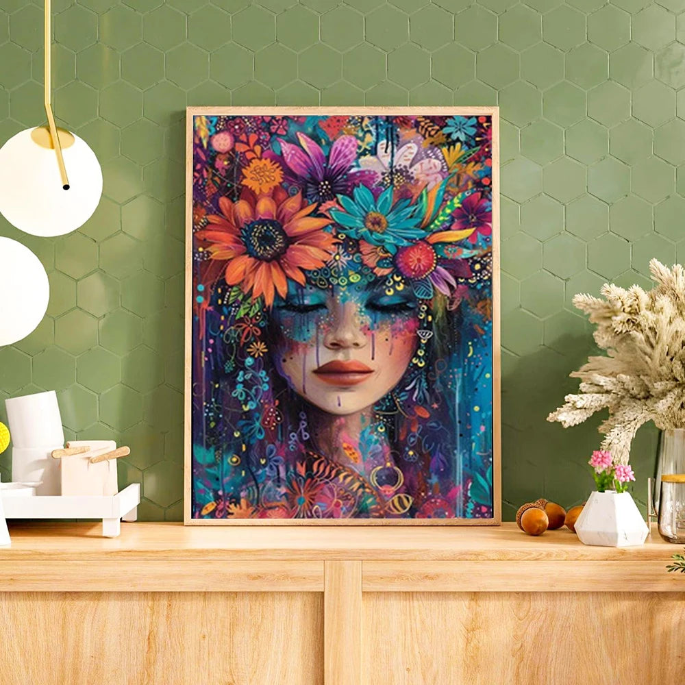 5D DIY Art Diamond Painting Woman Flowers Mosaic Cross Stitch Kit Rhinestone Puzzle Inlay DIY Gift Decorative 12x16Inch