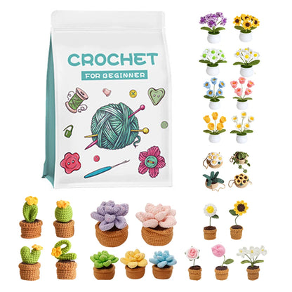 4Pcs Potted Plants Crochet Starter Kit DIY Knitting Crocheting Kit with Step-by-Step Video Tutorials for Beginners Adults