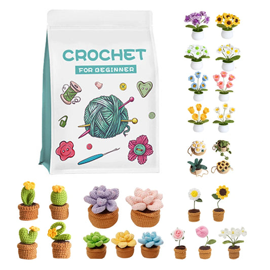 4Pcs Potted Plants Crochet Starter Kit DIY Knitting Crocheting Kit with Step-by-Step Video Tutorials for Beginners Adults