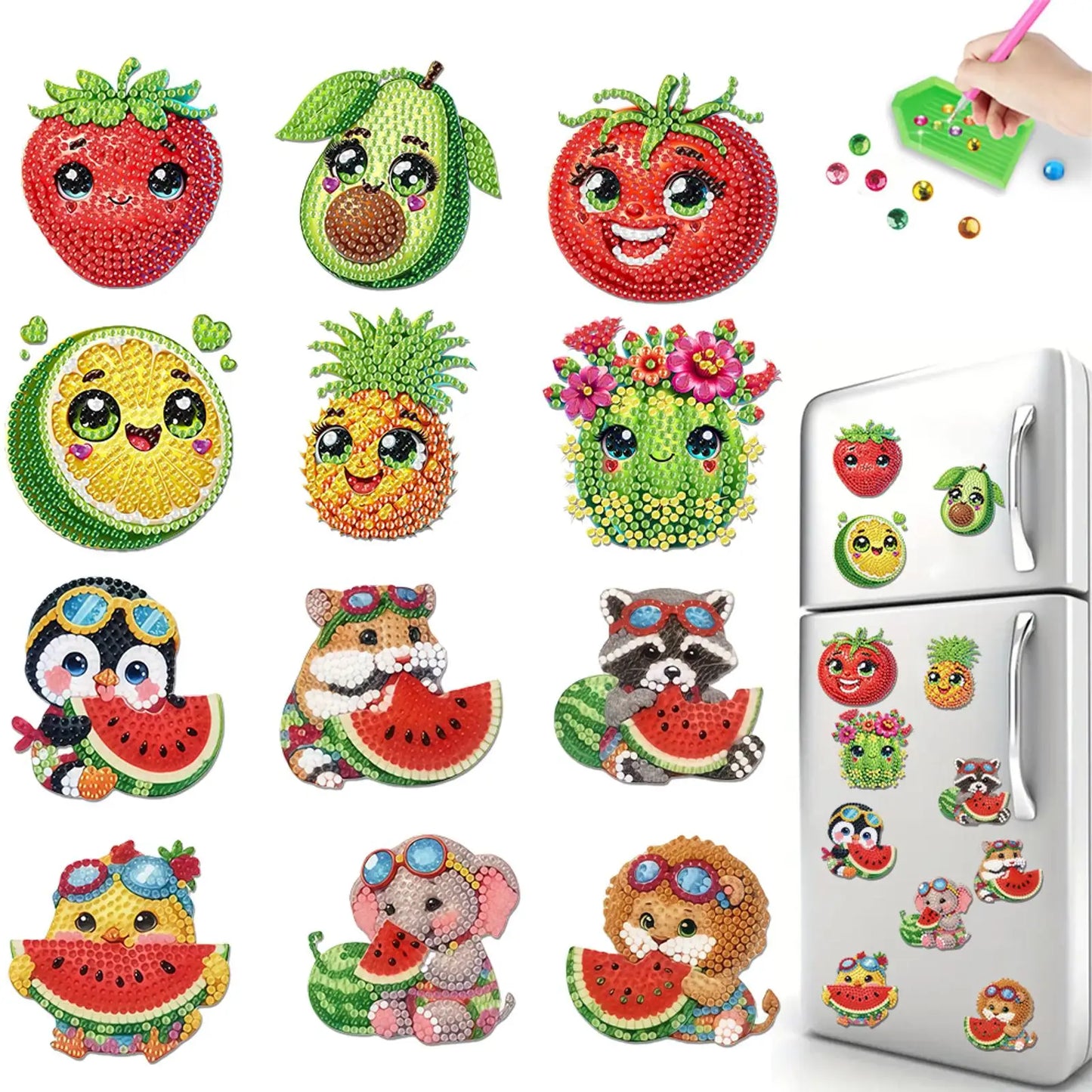 12PCS 2D Flat DIY Diamond Painting Refrigerator Magnet Diamond Art Kits Crystal Refrigerator Magnet for Home Kitchen Decoration